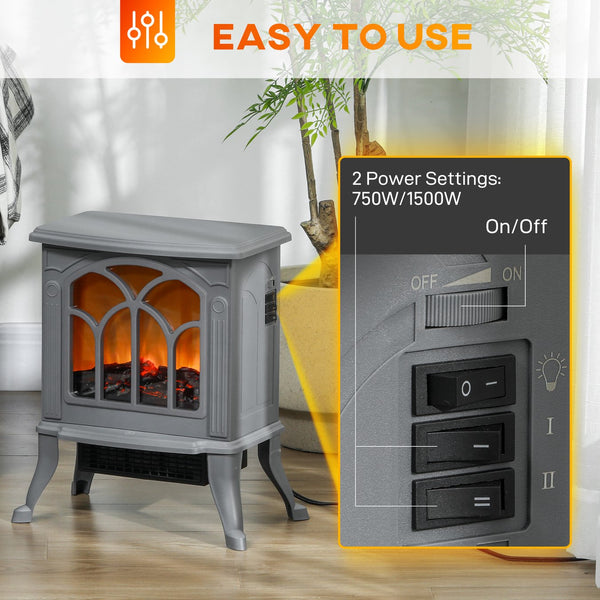 English Elm HOMCOM Freestanding Electric Fireplace Stove with Realistic Flame, 750/1500W Heat, Safety Features Gray W2225P229239