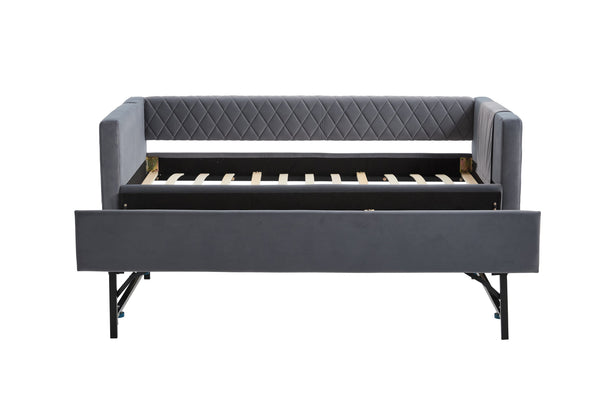 English Elm Grey velvet daybed with diamond-grid pull-out trundle, modern velvet finish, sturdy wooden frame for guest-ready style W1361S00032