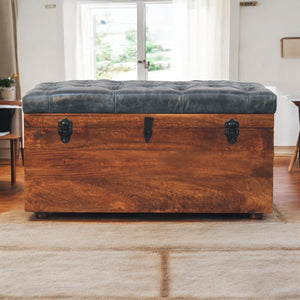 English Elm Black Buffalo Hide Leather Storage Trunk with Hand-Tufted Seat, Solid Mango Wood, Walnut Finish, Ample Storage B182P292091
