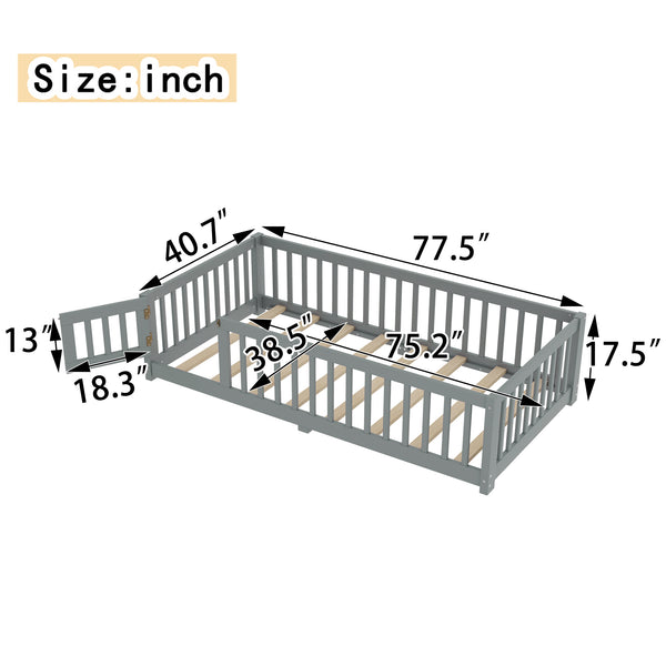 English Elm Twin Twin Size Floor Bed with Safety Guardrails and Playful Door for Kids, Pine/Plywood, Low Profile Gray W1580P338948