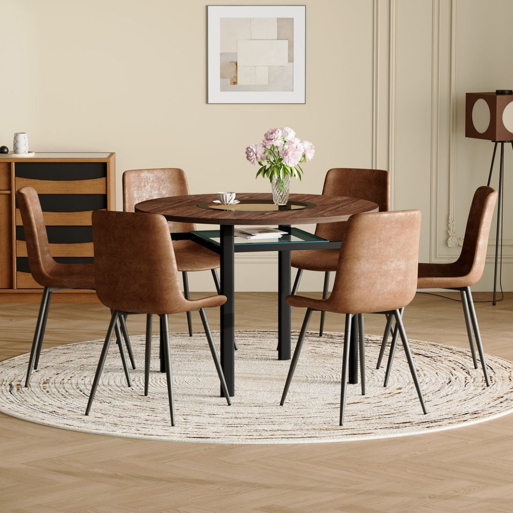 English Elm Table Set 42 Inch Round Wood Grain Glass Inlay with Six Tech-fabric Dining Chairs W1151S04480