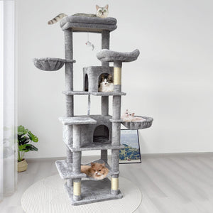 English Elm 68in Tall Six Level Plush Cat Tower with Sisal Posts Hammock Cave and Washable Perches Light Gray W243P326779