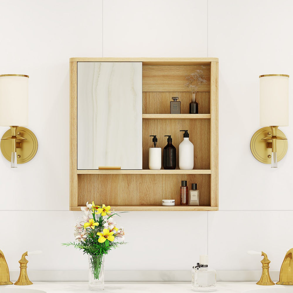 English Elm Natural Wood Tone Mdf Wall Cabinet with Mirror Open Shelves and Door for Bathroom W3875P379311