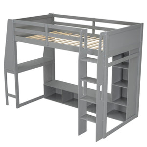 English Elm Wood Twin Size Gaming Loft Bed With Desk, Shelves, Led Lights & Clothes Rack - Gray Space Saver! N7090001041E-GIGA