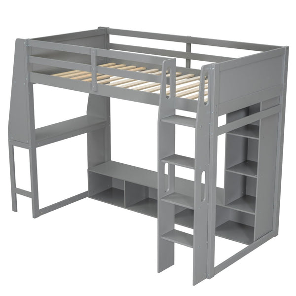 English Elm Wood Twin Size Gaming Loft Bed With Desk, Shelves, Led Lights & Clothes Rack - Gray Space Saver! N7090001041E-GIGA