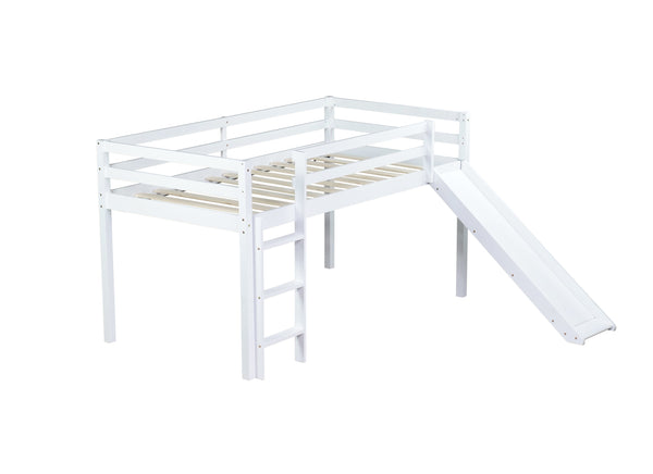 English Elm Twin Low Loft Bed with Slide and Ladder for Kids, Rubberwood Frame, Safety Guardrails & Playspace White W504P218525