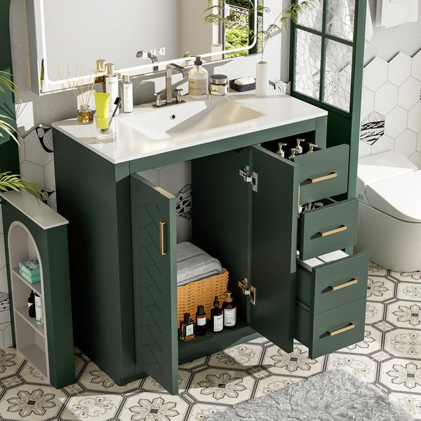 English Elm 36'' Bathroom Vanity with Ceramic Sink Combo Solid Wood Frame Soft-Closing Drawers Ample Storage Elegance Green N710P243327F