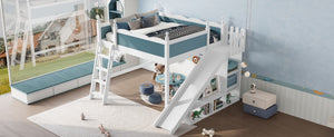 English Elm Queen Loft Bed With Storage Shelves, Fun Detachable Slide, Solid Wood Design, Blue & White Finish W1580S00249-GIGA