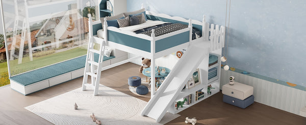 English Elm Queen Loft Bed With Storage Shelves, Fun Detachable Slide, Solid Wood Design, Blue & White Finish W1580S00249-GIGA