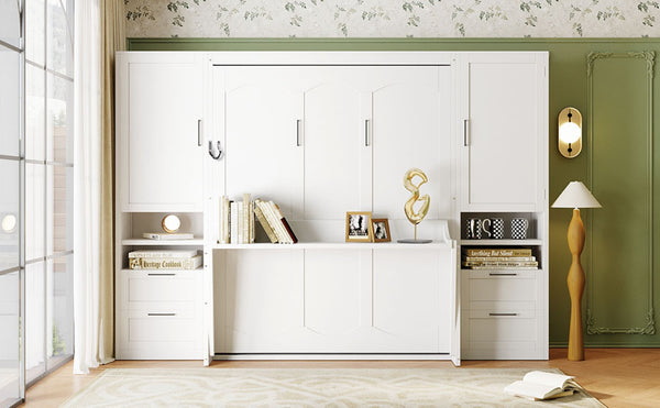 English Elm Queen Murphy Fold Down Wall Bed with Wardrobe Drawers and Shelves for Guest Rooms White LP000909AAK-2