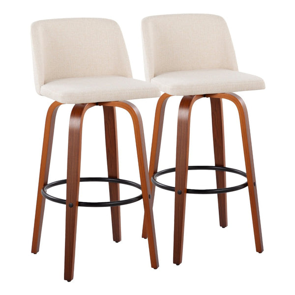 English Elm Toriano 30" Mid-Century Barstool Set Of 2 – Swivel Walnut Wood Legs & Cream Fabric Upholstery Comfort B202S00682-GIGA