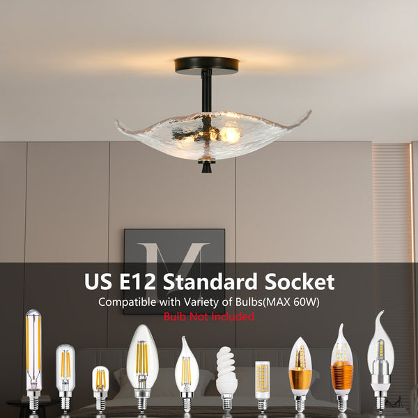 English Elm Ceiling Modern Flush Mount Light with Water Ripple Glass Shade, Black Semi-Flush LED Fixture for Hallway Bedroom Porch W2312P390005