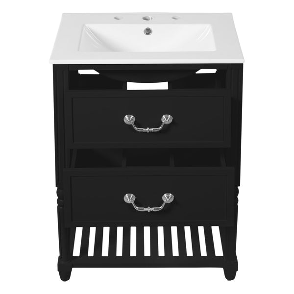English Elm 24'' Vintage Bathroom Vanity with Ceramic Sink Soft Close Drawers Open Shelf Black N710P411237B