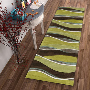 HomeRoots 8' Vibrant Lime Green, Brown, and Blue Hand-Tufted Wool Runner Rug for Stylish Hallway Decor 8' Runner 352301