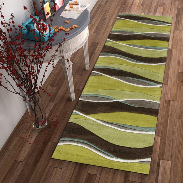 HomeRoots 8' Vibrant Lime Green, Brown, and Blue Hand-Tufted Wool Runner Rug for Stylish Hallway Decor 8' Runner 352301