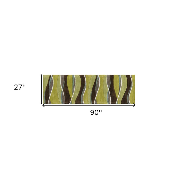 HomeRoots 8' Vibrant Lime Green, Brown, and Blue Hand-Tufted Wool Runner Rug for Stylish Hallway Decor 8' Runner 352301
