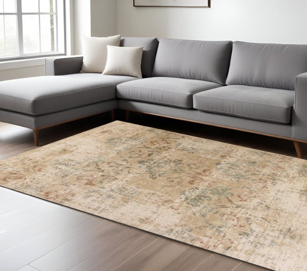 HomeRoots 5' Timeless Champagne and Beige Damask Area Rug - Durable, Elegant, Perfect for Living Spaces 5' X 8' 352304