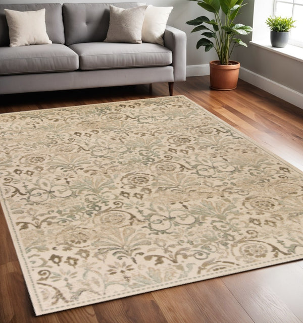 HomeRoots 5' Timeless Ivory and Brown Floral Medallion Area Rug for Elegant Living Spaces and Durability 5' X 8' 352307
