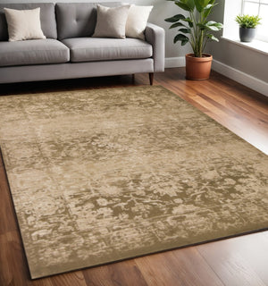 HomeRoots 5' Elegant Beige and Tan Floral Medallion Distressed Area Rug for a Cozy, Inviting Home Space 5' X 8' 352308