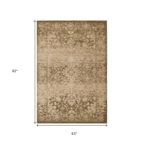 HomeRoots 5' Elegant Beige and Tan Floral Medallion Distressed Area Rug for a Cozy, Inviting Home Space 5' X 8' 352308