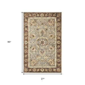 HomeRoots 8' Timeless Gray Brown Ivory Floral Medallion Hand-Tufted Area Rug in New Zealand Lambs Wool 7' Runner 352309