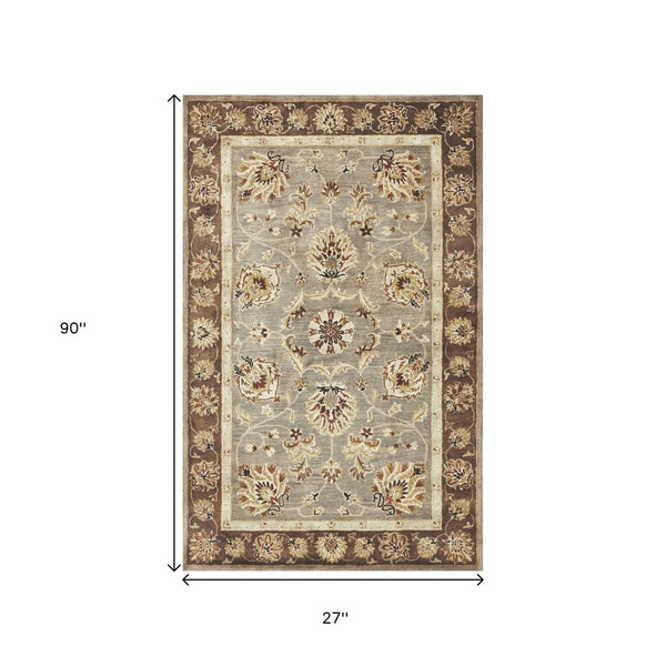 HomeRoots 8' Timeless Gray Brown Ivory Floral Medallion Hand-Tufted Area Rug in New Zealand Lambs Wool 7' Runner 352309