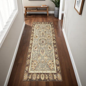 HomeRoots 8' Timeless Gray Brown Ivory Floral Medallion Hand-Tufted Area Rug in New Zealand Lambs Wool 7' Runner 352309