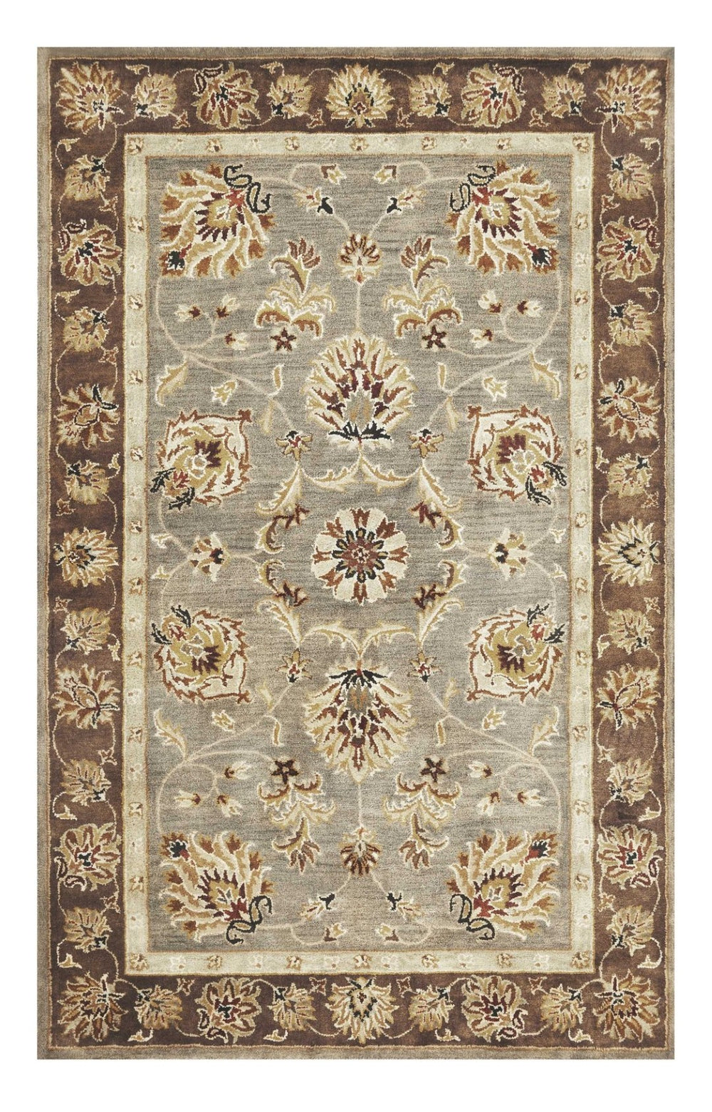 HomeRoots 8' Timeless Gray Brown Ivory Floral Medallion Hand-Tufted Area Rug in New Zealand Lambs Wool 3' X 5' 352310