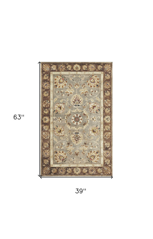 HomeRoots 8' Timeless Gray Brown Ivory Floral Medallion Hand-Tufted Area Rug in New Zealand Lambs Wool 3' X 5' 352310