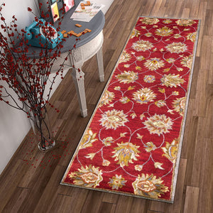 Homeroots 2' X 7' Red Floral Vines Bordered Wool Runner Rug  Wool 352311