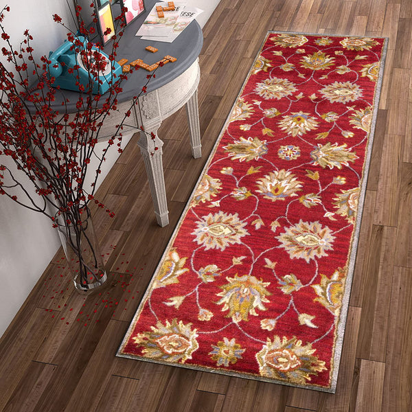 Homeroots 2' X 7' Red Floral Vines Bordered Wool Runner Rug  Wool 352311