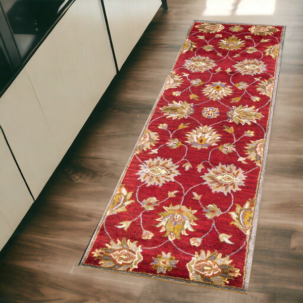 Homeroots 2' X 7' Red Floral Vines Bordered Wool Runner Rug  Wool 352311