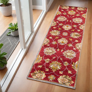 HomeRoots 8' Hand-Tufted Wool Area Rug in Rich Red, Ivory & Brown - Elegant Floral Design for Any Space 7' Runner 352311