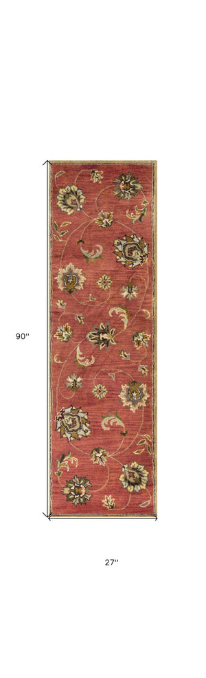 HomeRoots 8' Hand-Tufted Wool Area Rug with Timeless Floral Vines in Sienna Gold and Green for Elegant Spaces 8" Runner 352319
