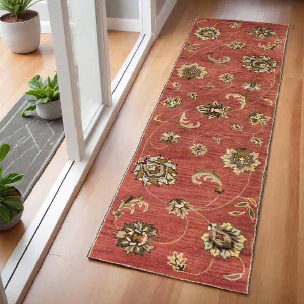 HomeRoots 8' Hand-Tufted Wool Area Rug with Timeless Floral Vines in Sienna Gold and Green for Elegant Spaces 8" Runner 352319