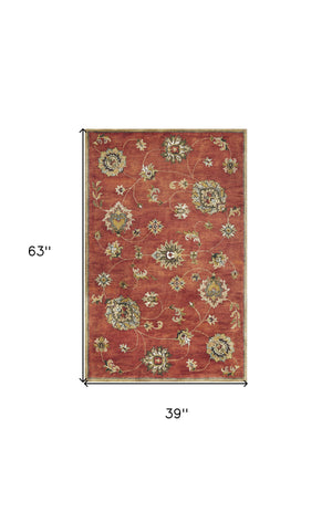 Homeroots 3' X 5' Sienna Orange Hand Tufted Wool Traditional Floral Indoor Area Rug  Wool 352320
