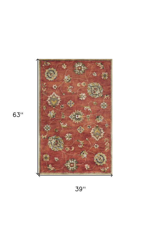 Homeroots 3' X 5' Sienna Orange Hand Tufted Wool Traditional Floral Indoor Area Rug  Wool 352320