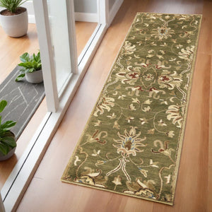 HomeRoots 8' Hand-Tufted Wool Area Rug with Elegant Floral Medallion Design in Rich Green, Red & Ivory Tones 7' Runner 352321