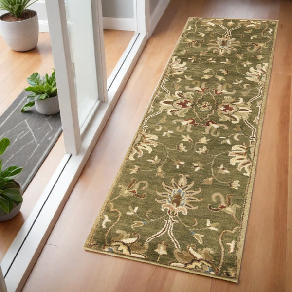 HomeRoots 8' Hand-Tufted Wool Area Rug with Elegant Floral Medallion Design in Rich Green, Red & Ivory Tones 7' Runner 352321