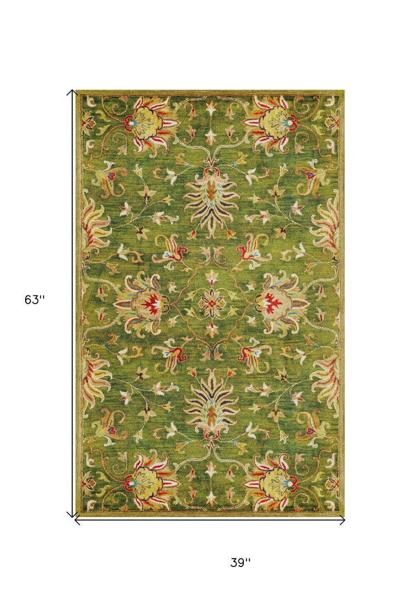 Homeroots 3' X 5' Green New Zealand Lambs Wool Floral Hand Tufted Area Rug  New Zealand Lambs Wool 352322