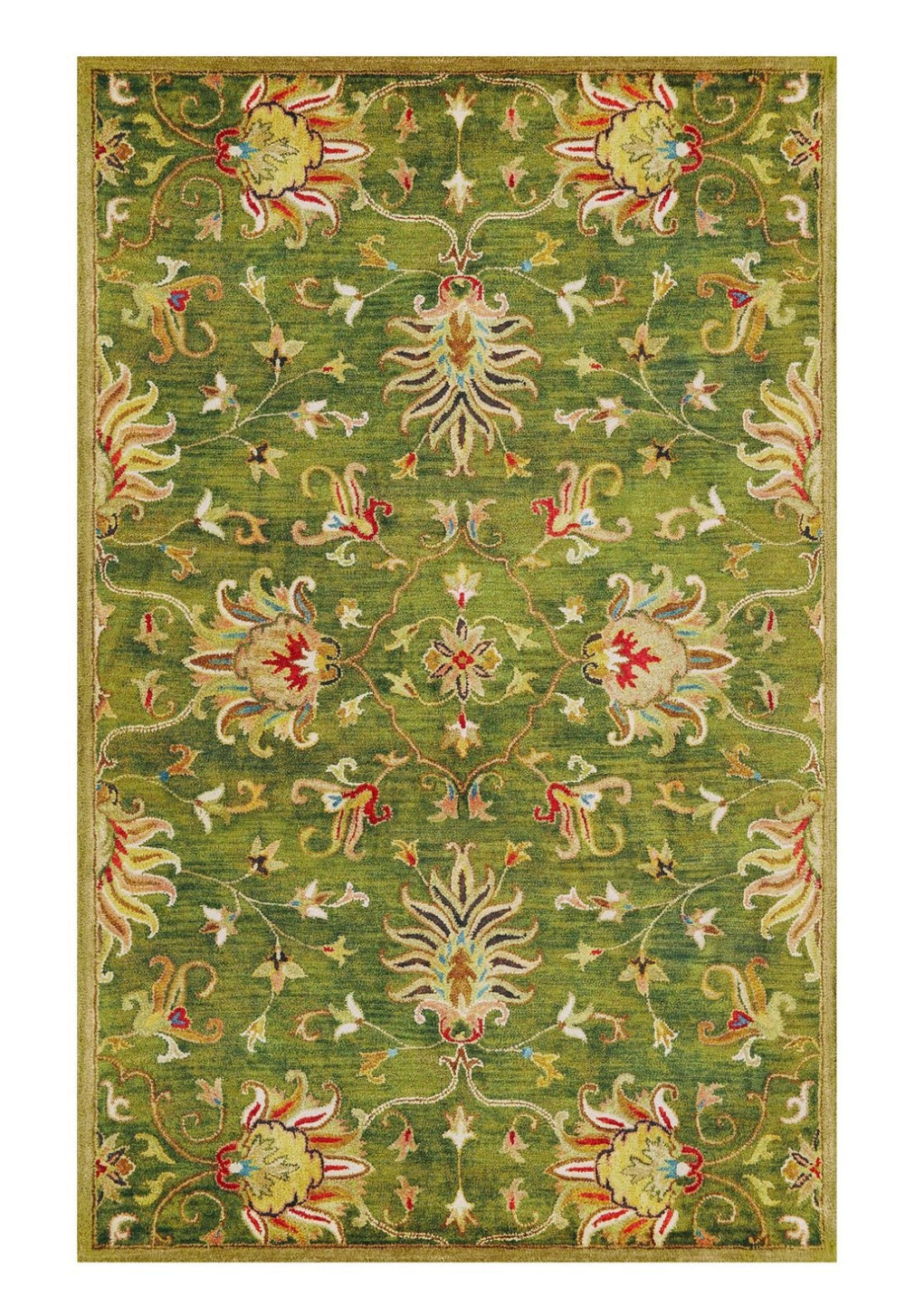 HomeRoots 8' Hand-Tufted Wool Area Rug with Elegant Floral Medallion Design in Rich Green, Red & Ivory Tones 3' X 5' 352322