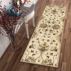 Homeroots 8' Champagne Wool Floral Handmade Runner Rug  Wool 352323