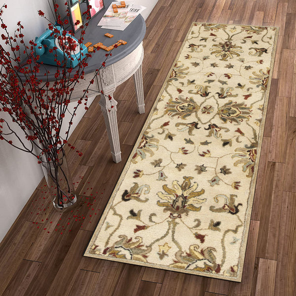 Homeroots 8' Champagne Wool Floral Handmade Runner Rug  Wool 352323