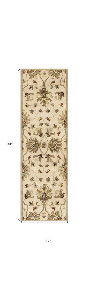 Homeroots 8' Champagne Wool Floral Handmade Runner Rug  Wool 352323