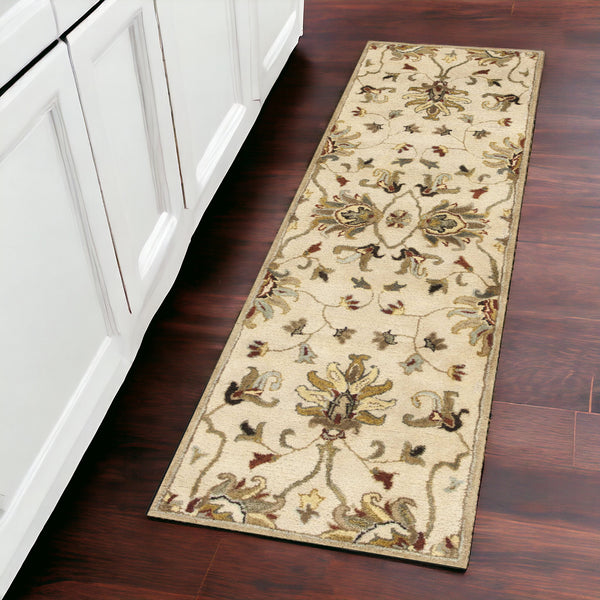 Homeroots 8' Champagne Wool Floral Handmade Runner Rug  Wool 352323
