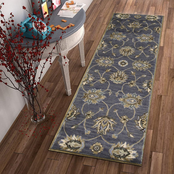 HomeRoots 8' Hand-Tufted New Zealand Lambs Wool Floral Area Rug - Elegant Dark Gray, Green & Brown Design 7' Runner 352324