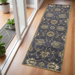 HomeRoots 8' Hand-Tufted New Zealand Lambs Wool Floral Area Rug - Elegant Dark Gray, Green & Brown Design 7' Runner 352324
