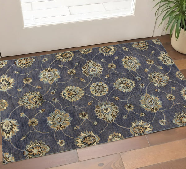 HomeRoots 8' Hand-Tufted New Zealand Lambs Wool Floral Area Rug - Elegant Dark Gray, Green & Brown Design 3' X 5' 352325