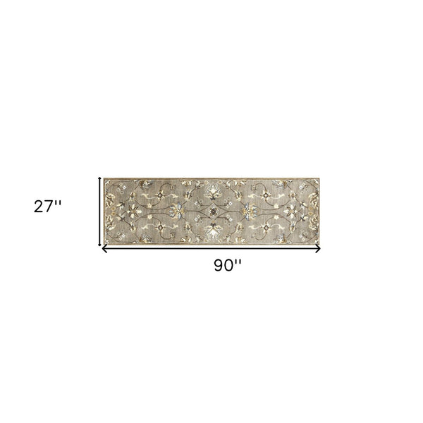 HomeRoots 8' Hand-Tufted Wool Floral Area Rug in Gray, Ivory & Brown - Elegant Design for Timeless Décor 7' Runner 352326