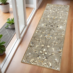 HomeRoots 8' Hand-Tufted Wool Floral Area Rug in Gray, Ivory & Brown - Elegant Design for Timeless Décor 7' Runner 352326